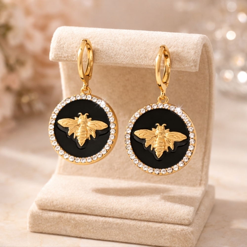 18k Gold Plated with Simulated Diamonds Bee Drop Earrings